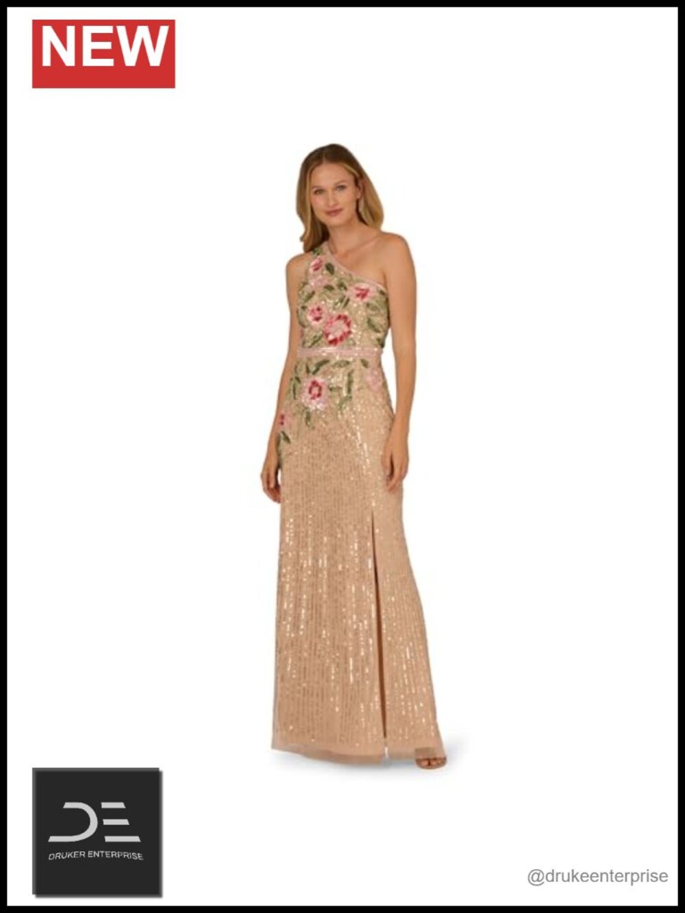 One Shoulder Beaded Floral Mermaid Long Formal Evening Gown